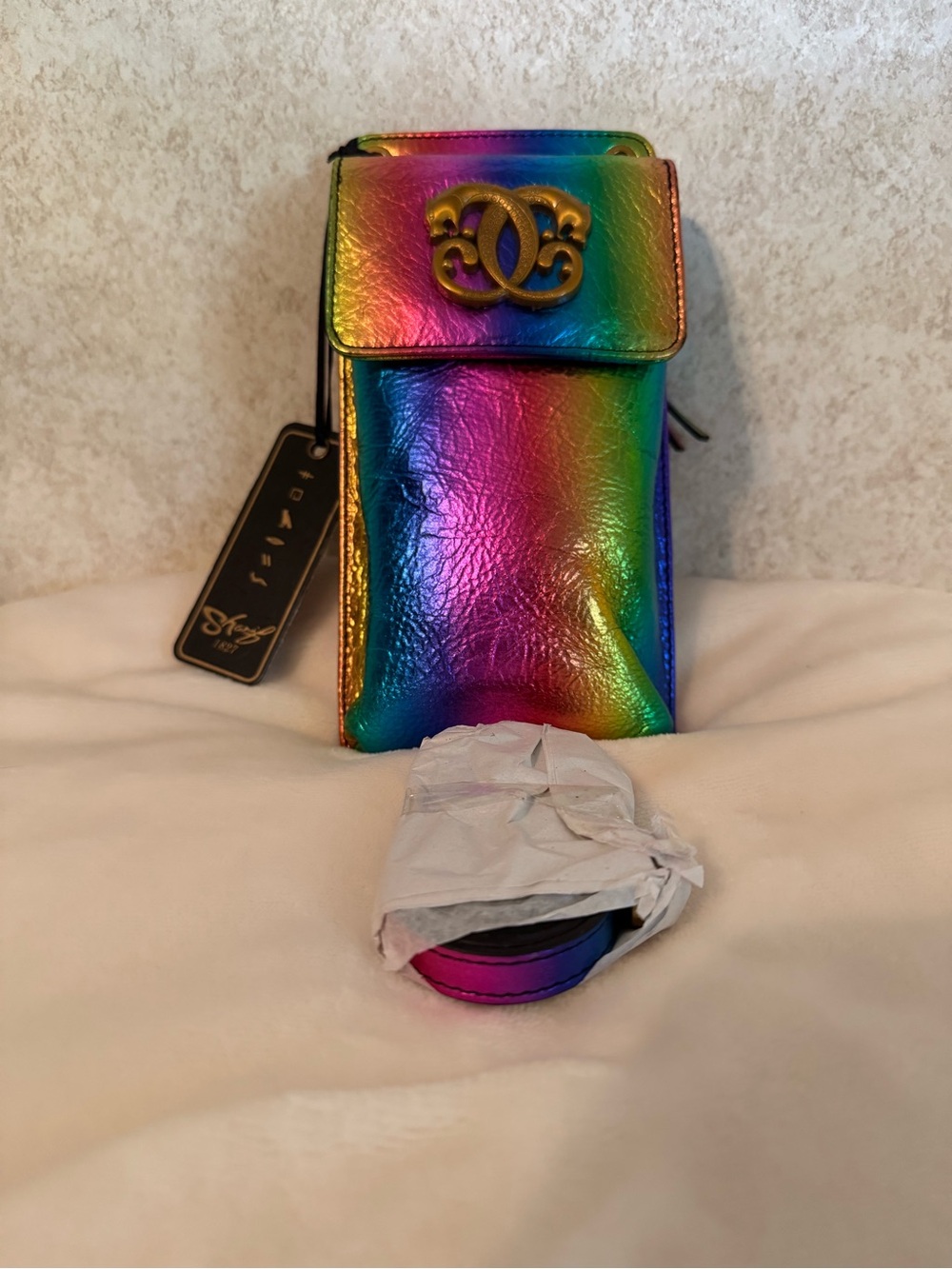 Sharif Rainbow Metallic Phone Crossbody with Decorative Logo NWT